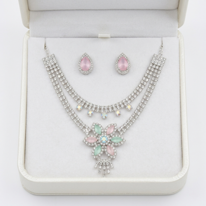 Elegant Floral Crystal Choker Necklace and Earring Set for Women | Silver-Plated Rhinestone Jewellery with Pink and Green Stones | Wedding, Party, and Bridal Wear Accessories