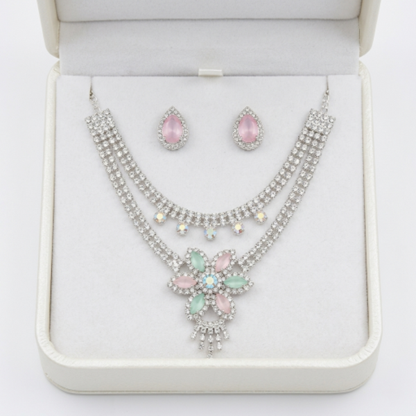 Elegant Floral Crystal Choker Necklace and Earring Set for Women | Silver-Plated Rhinestone Jewellery with Pink and Green Stones | Wedding, Party, and Bridal Wear Accessories