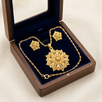 Gold-Plated Floral Pendant Necklace and Earring Set for Women, Traditional Ethnic Flower Design Jewellery Set with Twisted Chain, Gift Box Included