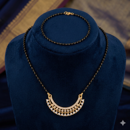 Traditional Gold Plated Mangalsutra Necklace for Women with American Diamond Adorned Crescent Moon Pendant | Black Beaded Chain | Wati Design Traditional Indian Jewellery for Wedding & Festive Wear | Gift for Wife/Mother