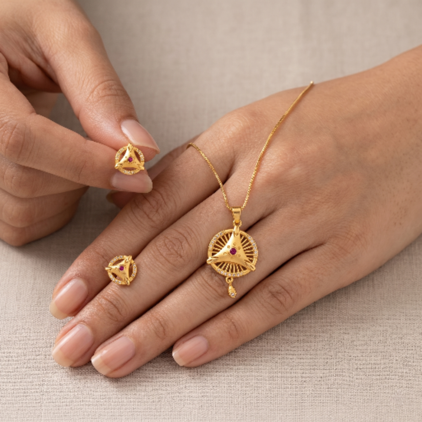 Gold-Plated Jewellery Set for Women – Elegant Geometric Sunburst Pendant Necklace and Matching Stud Earrings with Ruby Pink Stones and Clear Crystal Accents
