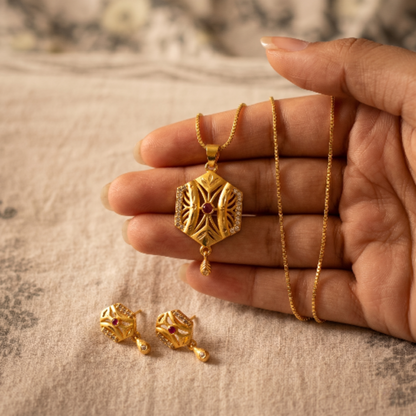 Elegant Gold-Toned Hexagon Locket Necklace Set with Matching Earrings – Designer Ruby-Studded Ethnic Jewellery for Girls and Women – Perfect Anniversary or Birthday Gift for Her