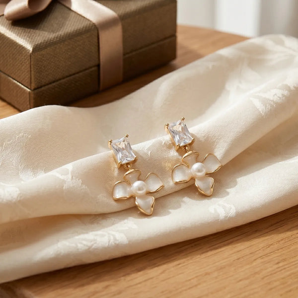 White Gold Plated Floral Pearl Stone Stud Earrings For Women