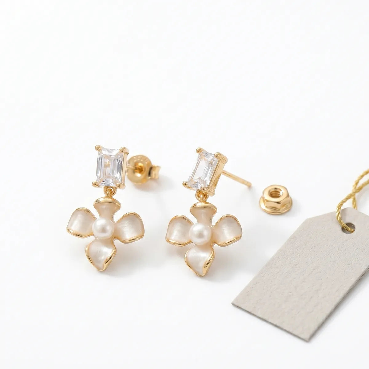 White Gold Plated Floral Pearl Stone Stud Earrings For Women