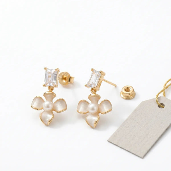 White Gold Plated Floral Pearl Stone Stud Earrings For Women