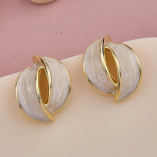 Rose Gold Pastel Pink White Enamel Half Hoop Earrings For Women