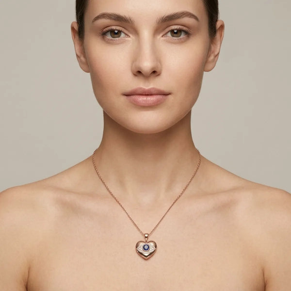 Rose Gold Plated Heart Locket Necklace for Women, Evil Eye Pendant with Sparkling Zircon Stones, Elegant Fashion Jewellery Gift for Girls