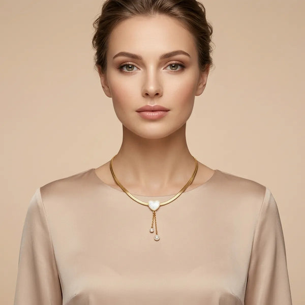 Gold Plated White Heart Pendant Necklace - Flat Snake Herringbone Chain with Crystal Dangle - Elegant Adjustable Jewellery for Women and Girls