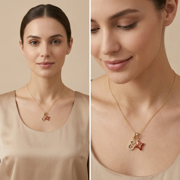 Gold Plated Initial E & Red Star Charm Necklace for Women – Anti-Tarnish Snake Chain Alphabet Pendant – Minimalist Waterproof Jewellery Gift for Girls