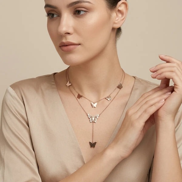 Rose Gold Butterfly Necklace for Women - Multi Layered Stainless Steel Butterfly Pendant Necklace, Anti-Tarnish & Waterproof Jewellery, Stylish Lariat Long Chain Gift for Girls and Women