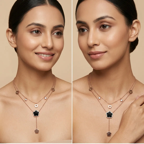 Rose Gold Plated Stainless Steel Double Layer Necklace with Black Enamel Clover and Floral Charms, Adjustable Two-Tone Lariat Pendant Chain, Trendy Korean Fashion Jewellery for Women and Girls