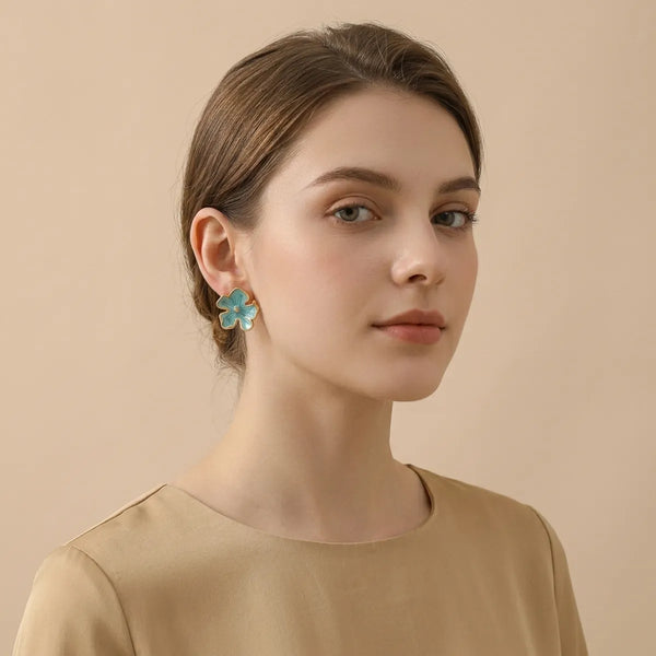 Green Gold Plated Floral Enamel Stud Earrings For Women