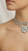 Elegant Floral Crystal Choker Necklace and Earring Set for Women | Silver-Plated Rhinestone Jewellery with Pink and Green Stones | Wedding, Party, and Bridal Wear Accessories