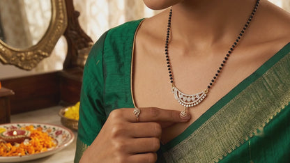 Gold Plated American Diamond Mangalsutra for Women | Elegant Curved CZ Pendant with Single Line Black Bead Chain | Traditional Indian Wedding Jewellery