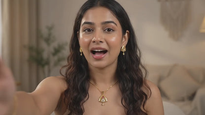 Premium Gold-Plated Triangular Pendant Necklace and Earrings Set for Women - Ethnic Traditional Jewellery with Ruby Red Stones and Cubic Zirconia Accents