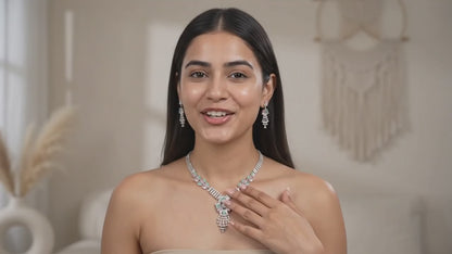 Elegant Silver-Plated Choker Necklace and Earrings Set with Mint Green & Blush Pink Baguette Crystals – Fancy Bridal & Party Wear Jewellery for Women and Girls