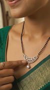 Gold Plated American Diamond Mangalsutra for Women | Elegant Curved CZ Pendant with Single Line Black Bead Chain | Traditional Indian Wedding Jewellery