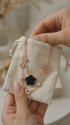 Rose Gold Plated Stainless Steel Double Layer Necklace with Black Enamel Clover and Floral Charms, Adjustable Two-Tone Lariat Pendant Chain, Trendy Korean Fashion Jewellery for Women and Girls