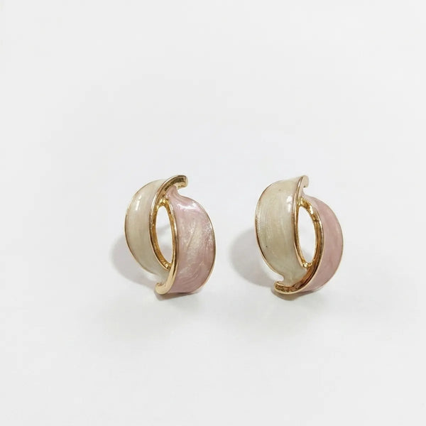 Rose Gold Pastel Pink White Enamel Half Hoop Earrings For Women