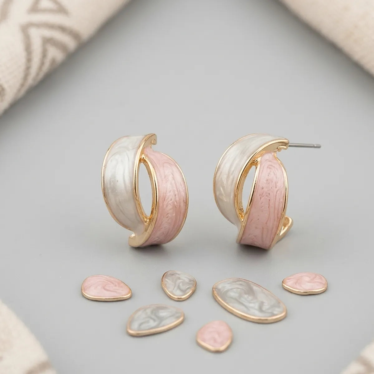 Rose Gold Pastel Pink White Enamel Half Hoop Earrings For Women