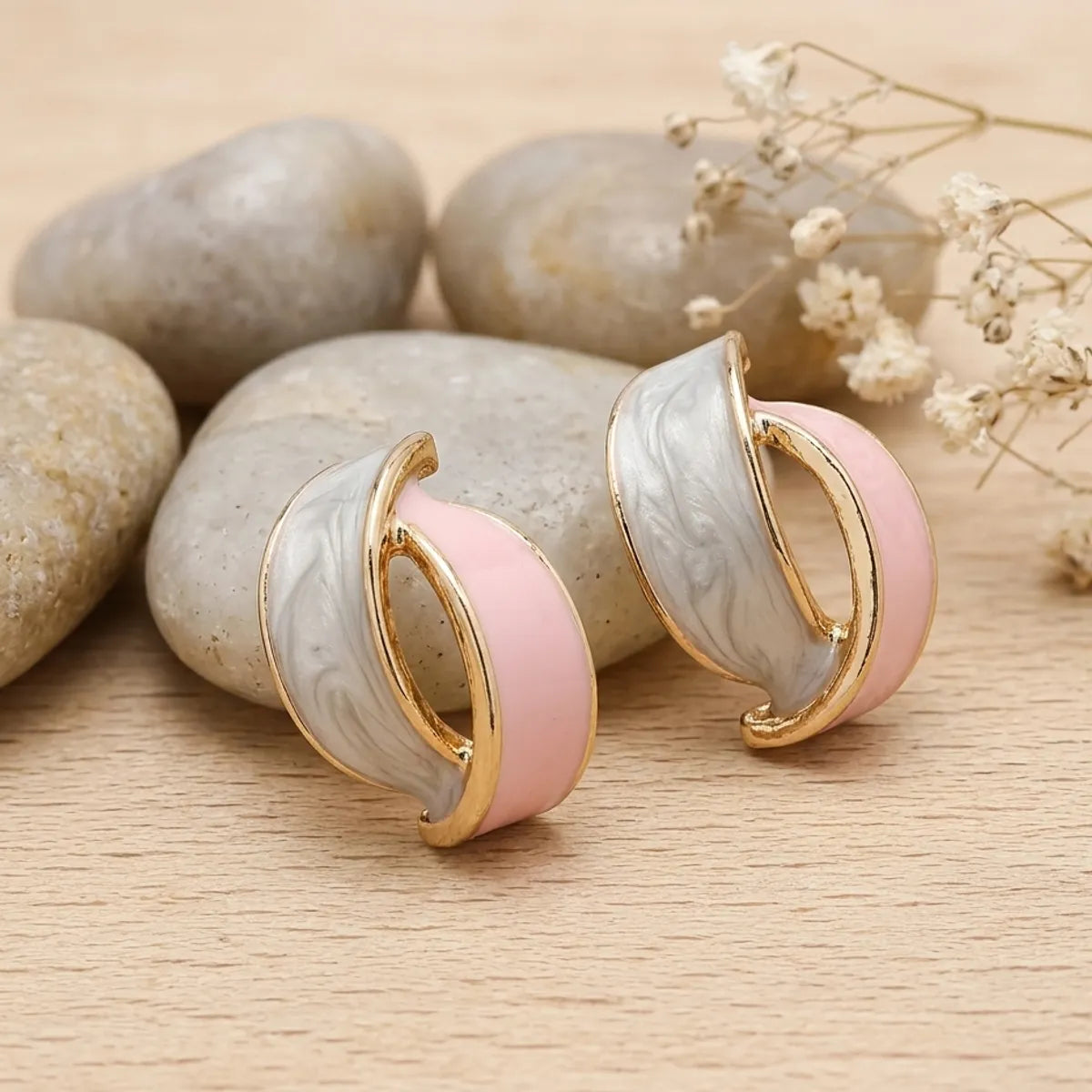 Rose Gold Pastel Pink White Enamel Half Hoop Earrings For Women