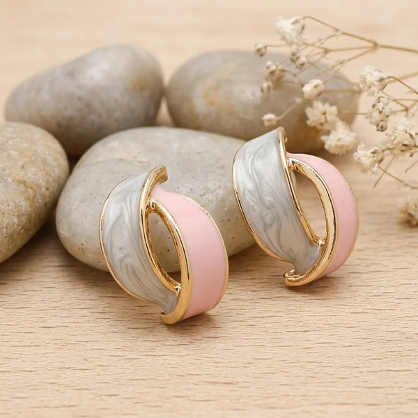 Rose Gold Pastel Pink White Enamel Half Hoop Earrings For Women