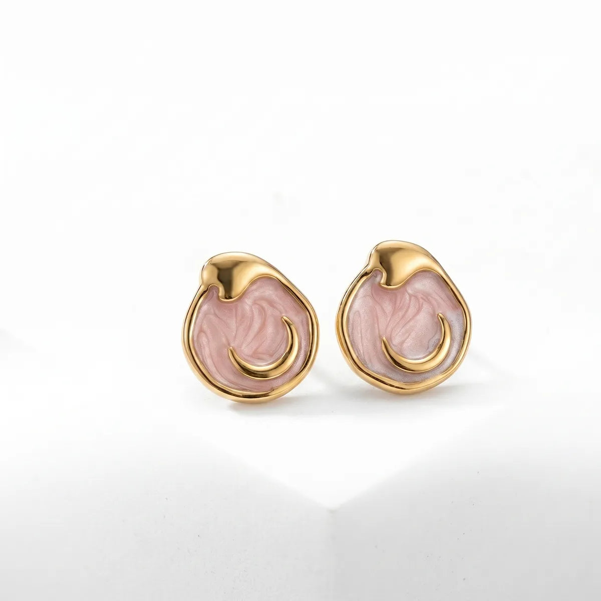 Pink Gold Plated Enamel Crescent Moon Stud Earrings For Women