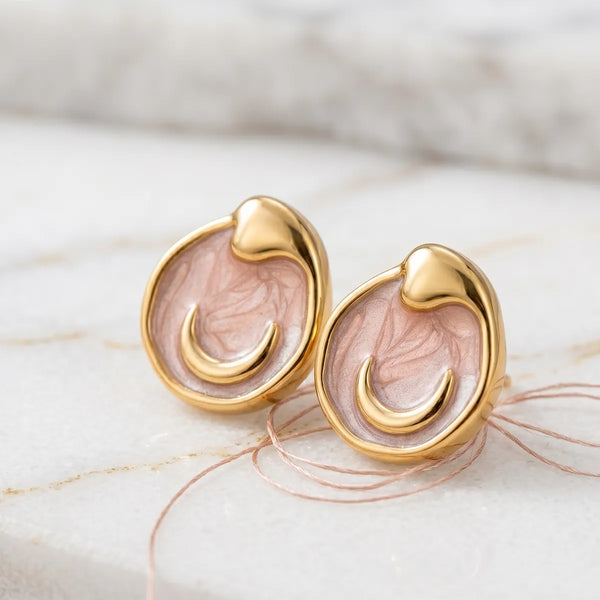 Pink Gold Plated Enamel Crescent Moon Stud Earrings For Women